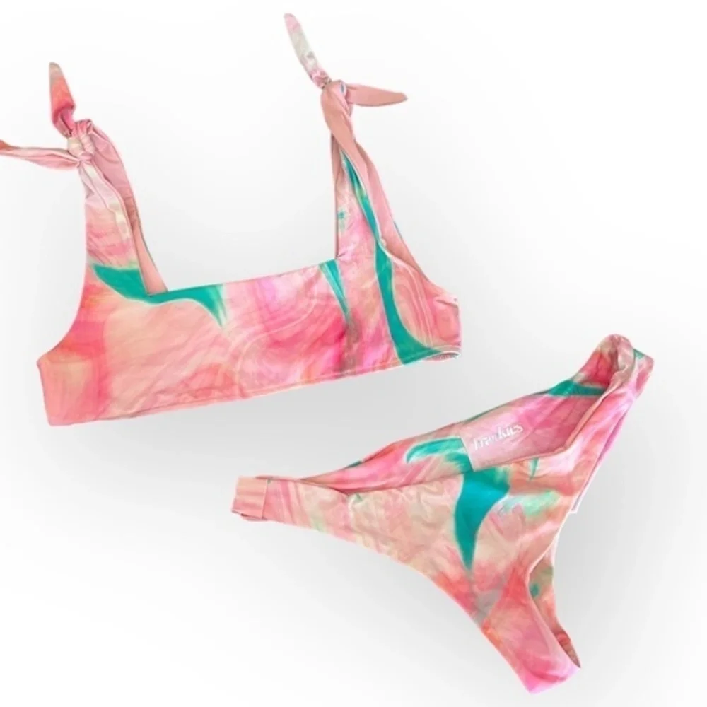 Frankies Bikinis Pink Blue Swimwear Top | Tie Dye Square Neck Beachy boho